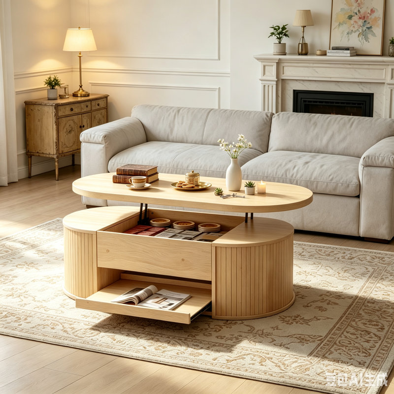 Fluted Oval Lift Top Coffee Table Extendable Lower Shelf Living Room Center Table, Light Oak