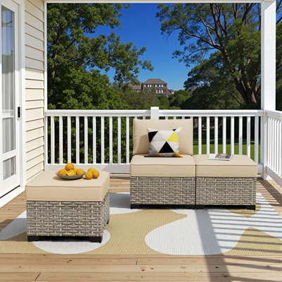 3-Piece Armless Outdoor Pe Wicker Patio Chair Set With 2 Multifunctional Ottomans And Cushions