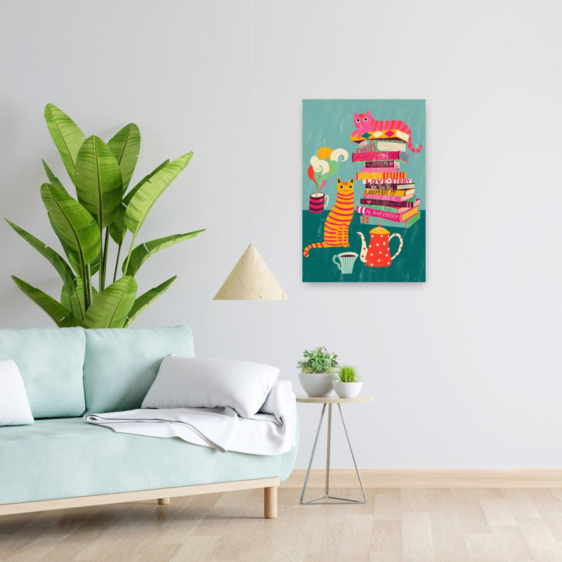 Whimsical Cats And Books Colorful Vibrant Whimsical Cat Wall Art Print 1 Piece Wrapped Canvas Wall Art, 60.96cm H x 40.64cm W