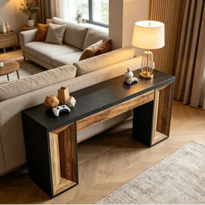 Console 63 po Modern Farmhouse, deux tons brun et noir, ensemble anti-basculement, entrée et table derrière le canapé
