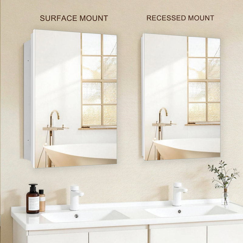  16 x 26 Inches Frameless Bathroom Medicine Cabinet With 3 Glass Shelves, Recessed or Surface Mount Installation, No Assembly Required (White)