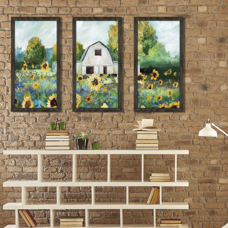 «Sunflower Barn» par Nan - peinture sur cadre 3 pièces, L 40,5 po x H 25,5 po x P 1 po