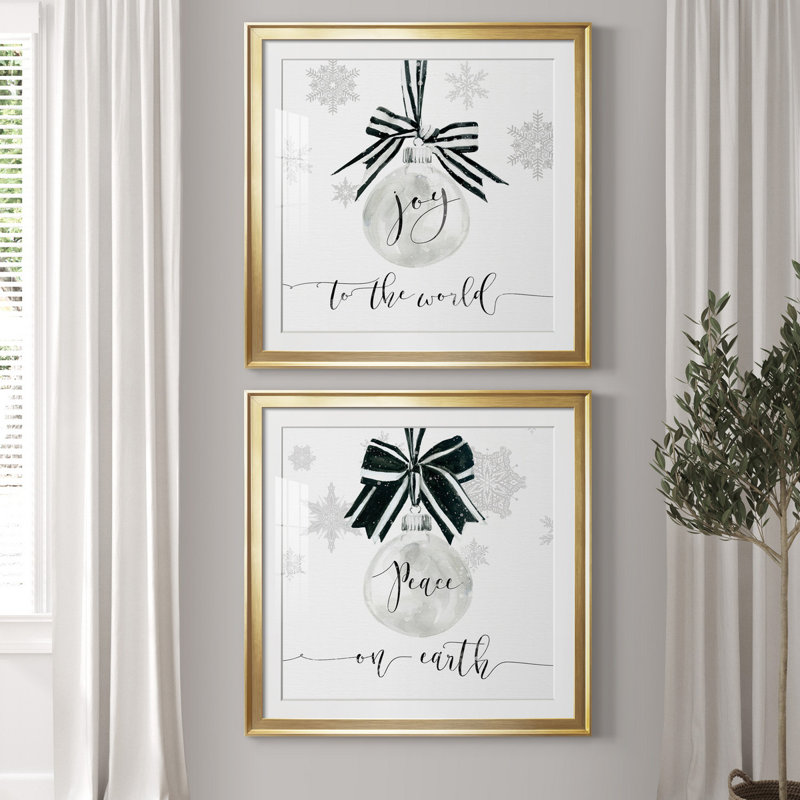 Joy Joy Ornament - ensemble de 2 reproductions d'art textuel, H 30,5 po x l 61 po x P 1,5 po, Papier encadré doré, Blanc