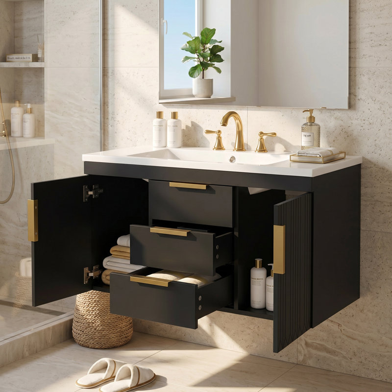 Meuble-lavabo mural 36 po avec 2 tiroirs et panneau de fibres à densité moyenne intégré noir, Noir