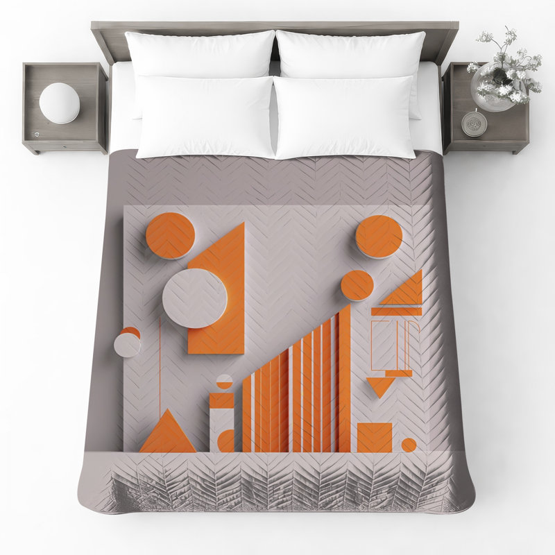 Couvre-lit matelassé à motifs géométriques orange et blanc , Grand lit