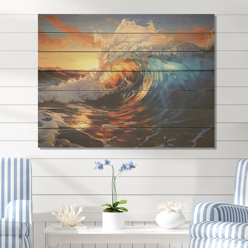 Blue and Orange Sunrise Waves I - Vagues côtières sur bois, H 10 po x l 20 po x P 0,78 po