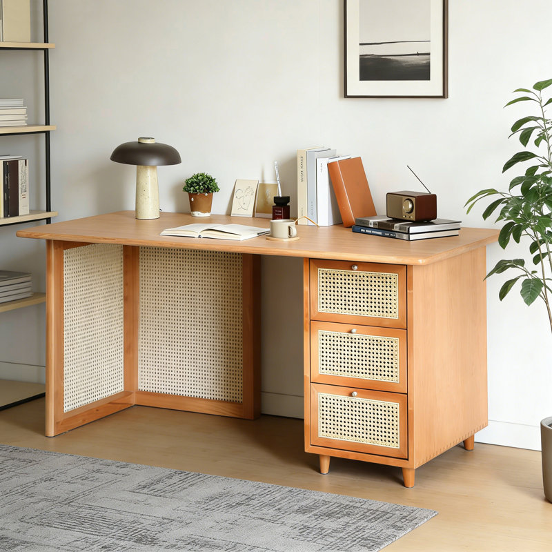 Modern Solid Wood Desk with Rattan and 3 Drawers