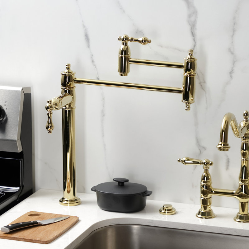 Kingston Brass Restoration Two-Handle 1-Hole Deck Mount Pot Filler Faucet, Polished Brass