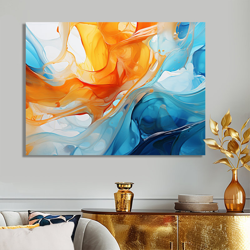 Orange orange, vagues bleues atteignant la plage II - encre liquide, art abstrait mural, Métal métal, H 30 po x l 40 po