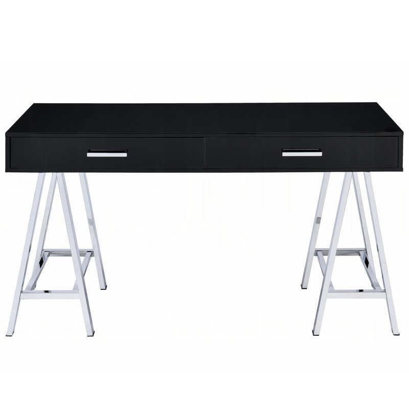 Rectangular Writing Desk With 2 Drawers, Black High Gloss And Style Modern Study Table 2 Compartment,
