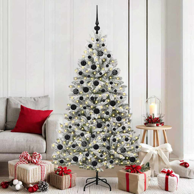Artificial Christmas Tree Green and White PVC and Metal, Green/White, 270 cm, with Leds & Black Balls