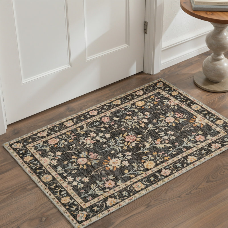 Floral Machine Washable Black/Tan Indoor Area Rug With Non-Slip Backing, Rectangle 6' x 9'