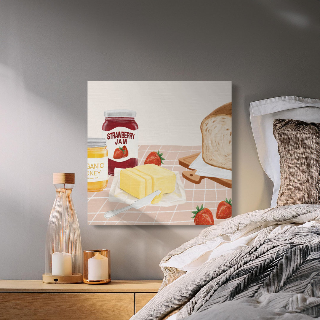 Cozy Breakfast Still Life Canvas Wall Art, Farmhouse Kitchen Decor Print, Rustic Food Illustration for Home, Strawberry Jam Honey Butter