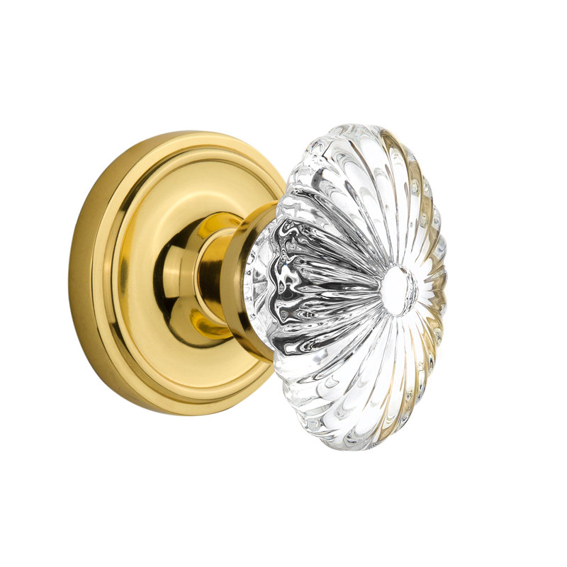 Crystal Fluted Oval Interior Mortise Door Knob with Classic Rosette, Polished Brass