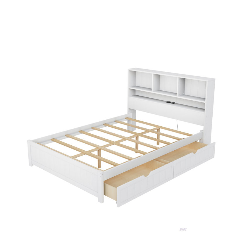 Lit plateforme en bois avec tête de lit bibliothèque, luminaire encastré, station de charge et 2 tiroirs latéraux (lit)