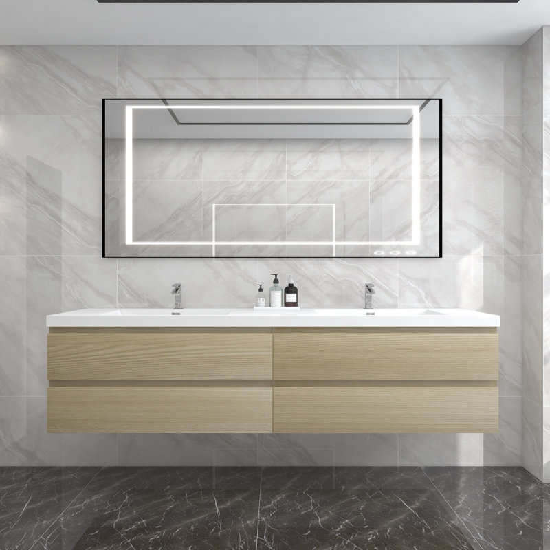 Dameion 84'' Double Bathroom Vanity with Acrylic Top, White Oak