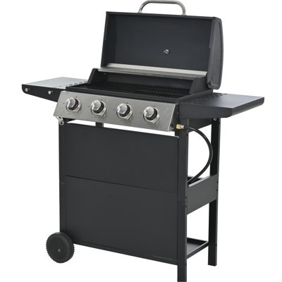 Stainless Steel 34,000 Propane Gas Grill 4 Burner, With Two Shelves, Wheels, And A Lid For Patio Burner In Steel, , Convenient Shelves Wheels Backyard Cooking