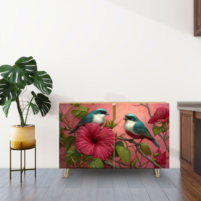 Sideboard Buffet Cabinet with Storage Three Birds Perched Flowering Branches Pink Blossoms Hibiscus Soft with 2 Doors for Living Room and Kitchen
