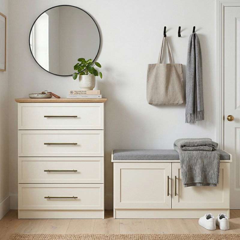 Hallway Shoe Storage Bench With 4 Drawer Dresser Living or Bedroom Set, Ivory