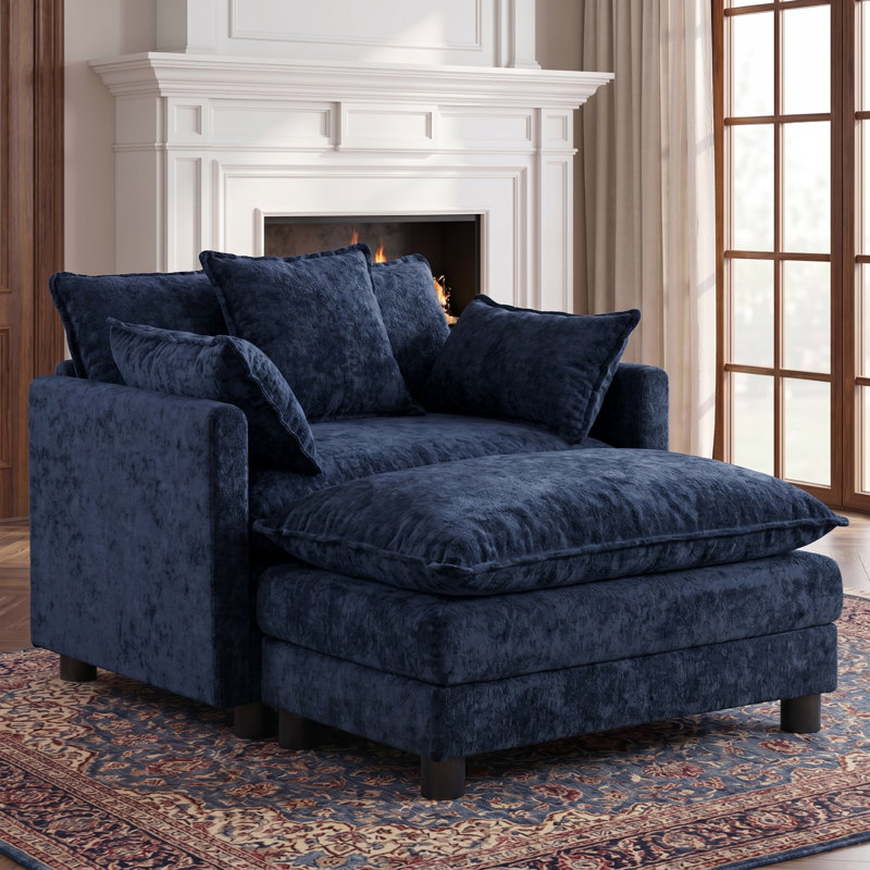 Fauteuil d'appoint surdimensionné en chenille avec repose-pieds, Bleu