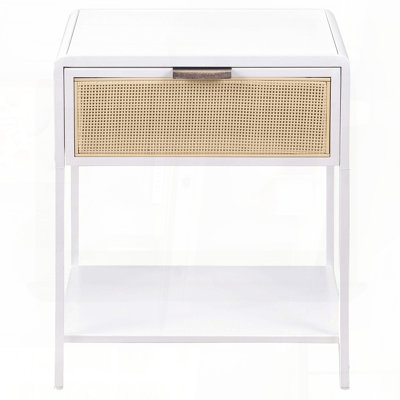 Table de chevet 1 tiroir avec façade en canne tissée par radio en blanc