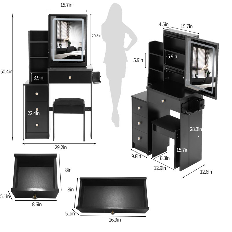 Meuble-lavabo de gauche avec tabouret rembourré, 2 prises de courant alternatif et 2 prises de courant, très grand miroir à DEL tactile, interrupteur, bureau de jeu noir + - Touch Control