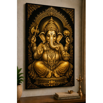 Grande impression murale sur toile Ganesha de 24 po x 36 po de couleur noire et dorée de luxe pour décoration de bureau spirituel - prêt à être accroché