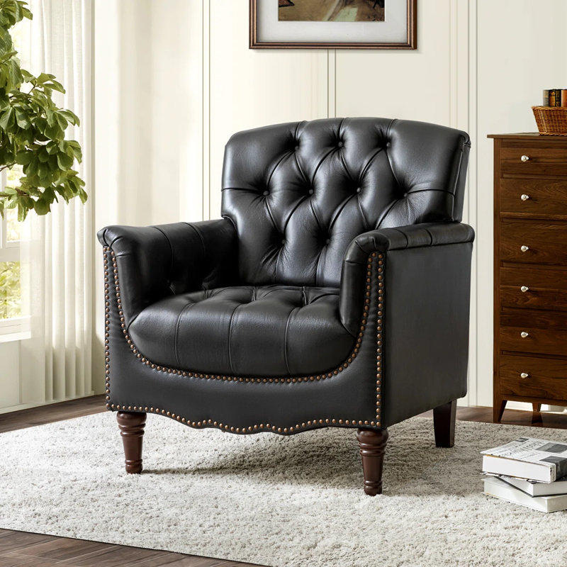 Fauteuil en cuir capitonné Annja, Cuir véritable noir