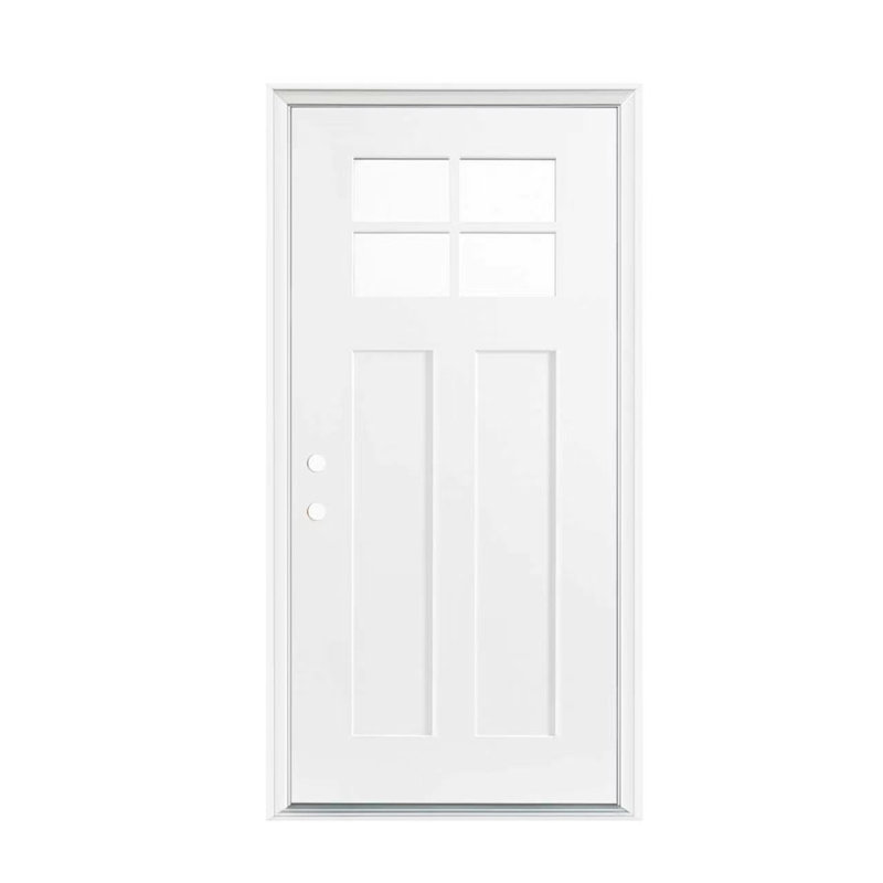 Porte d'entrée en fibre de verre avec cadre en PVC, porte extérieure vers l'intérieur avec moulure de brique à droite, White