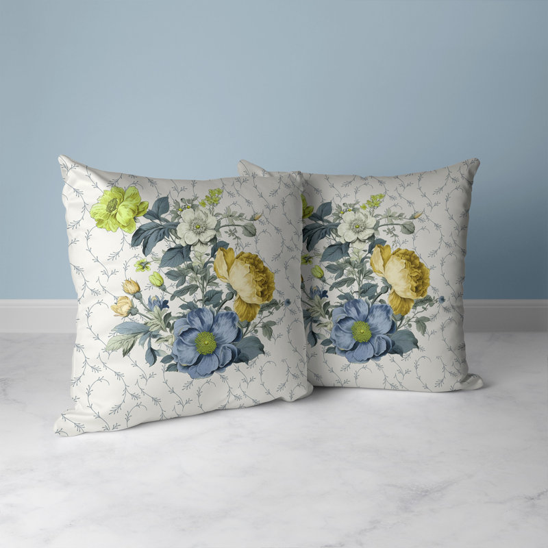 Indoor / Outdoor Floral Square Cushion, 46cm H x 46cm W, Blue/Gold Floral