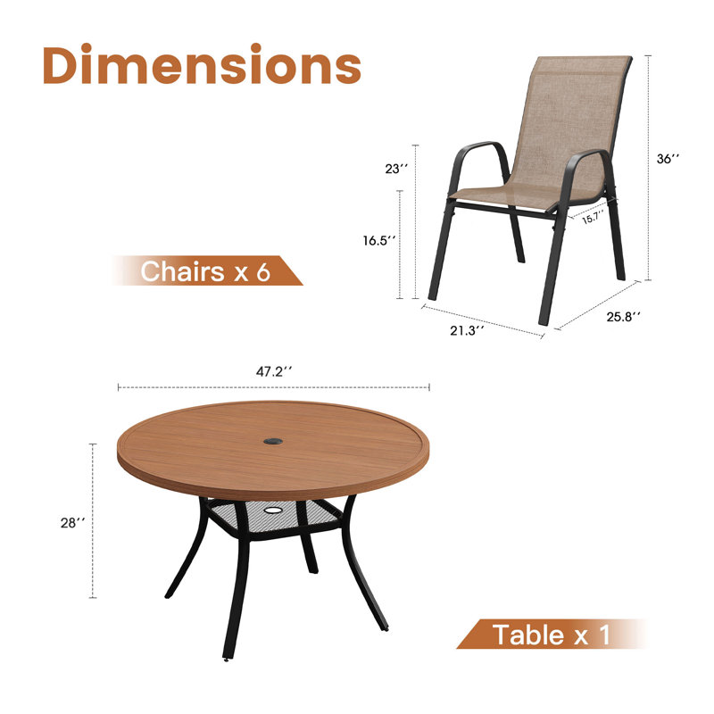 Ensemble repas pour patio 6 personnes avec chaises empilables, Bois brossé brun / noir / brun, 6