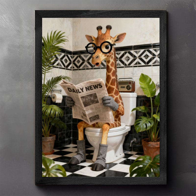 Black Framed Vintage Giraffe reading newspaper on bathroom toilet Wall Art Retro Style Framed Prints, 25" H x 17" W