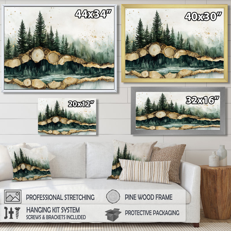 Arbre émeraude pin sur bois, glissade I - forêt, art mural grand, H 24 po x l 32 po, Cadre simple blanc