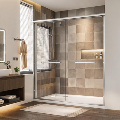 Porte de douche coulissante double avec cadre en aluminium chromé de 56 à 60 pouces, hauteur de 72 pouces, verre trempé transparent avec film anti-explosion et poignées doubles en acier inoxydable.