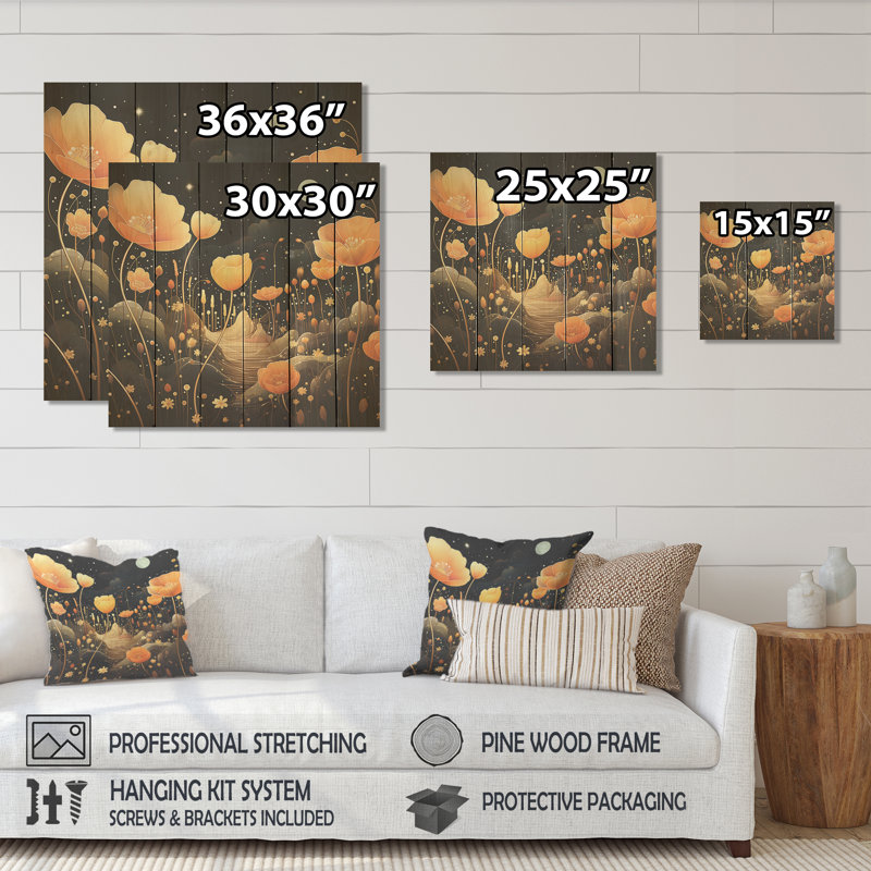 Motif floral orange sur fond d'or clair de lune orange - souci sur bois, H 30 po x l 30 po