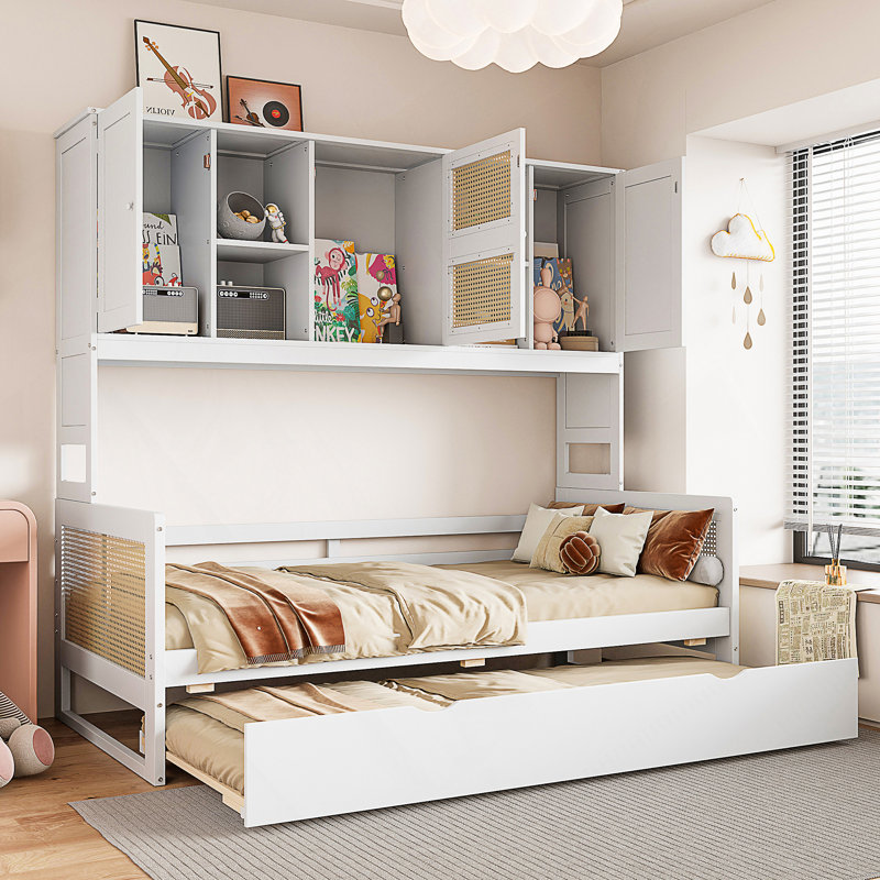 Lit de jour avec lit gigogne et rangement, Lit simple, Blanc
