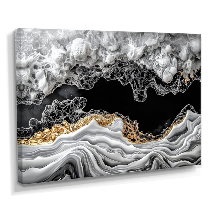 Or et noir abstrait brise de mer vagues I - salon d'art mural côtier, Toile tendue, H 16 po x l 32 po, Ne s’applique pas