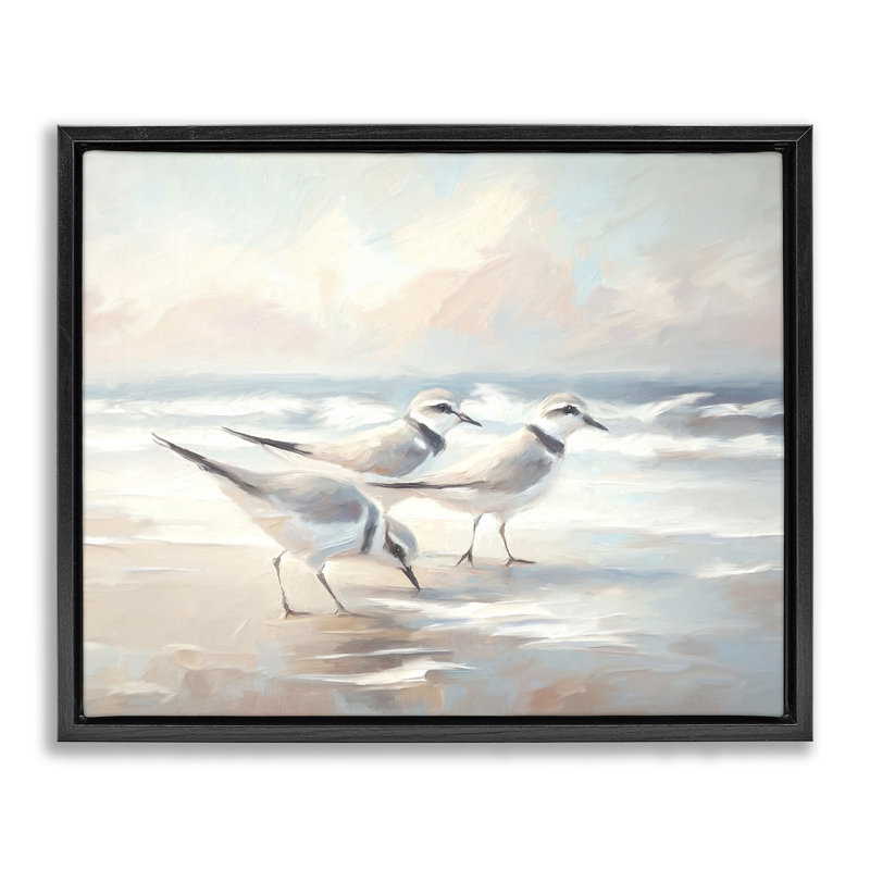 Baie avec oiseaux de plage, art mural encadré noir par Ramona Murdock, Cadre flottant noir de jais, H 17 po x l 21 po