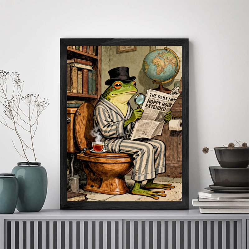 Art encadré noir, "Mr. Frog" lisant attentivement le journal sur la toilette, reproductions d'art encadrées de style rétro