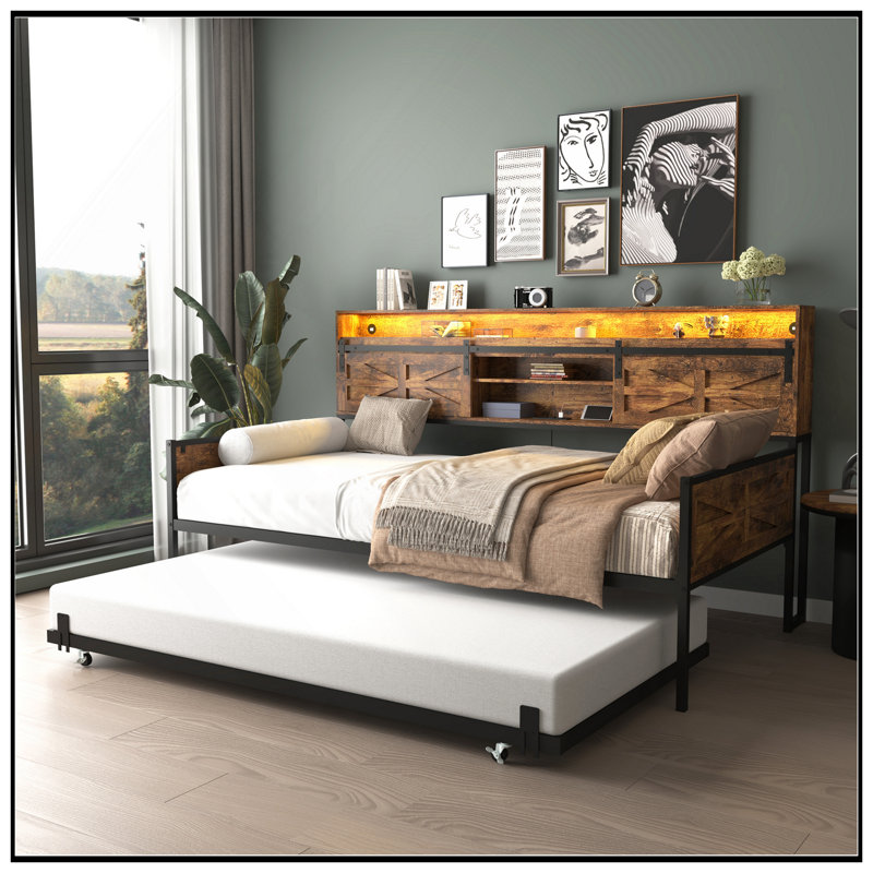 Twin Daybed With Trundle And Sliding Barn Door Headboard, Charging Station & LED Light, Rustic Brown