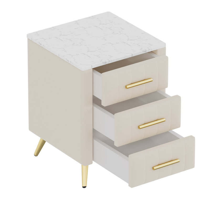Upholstered Wooden Nightstand With 3 Drawers And Metal Legs&Handles, Bedside Table With Marbling Stickers Worktop - Beige