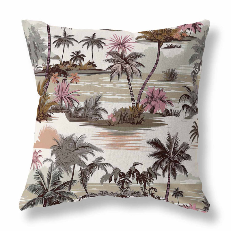 Coussin décoratif réversible intérieur / extérieur Tropical Beach, H 16 po x l 16 po, Brun / beige / rose