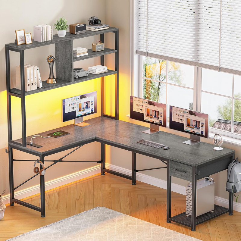 L Shaped Gaming Desk, 51.2" Reversible Small Corner Desk With Drawer, Power Outlet & Led Lights, Gray