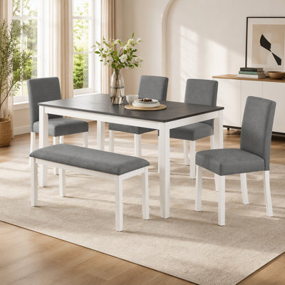 6-Piece Dining Table Set with Bench and Chairs, Dining Table Set for 6 with Bench, Wooden Dining Table Set for Kitchen, Dining Room, Grey & White Two