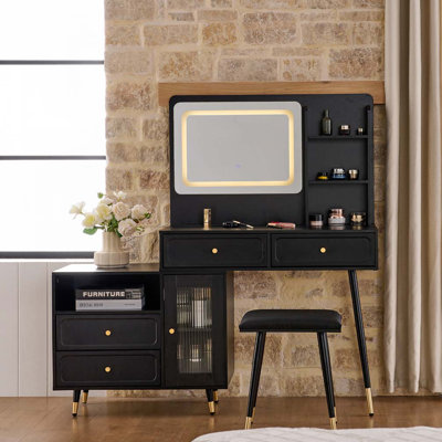 Adjustable Makeup Vanity Desk with LED Mirror, Multiple Drawers, and Power Outlet for Organized Beauty Routine