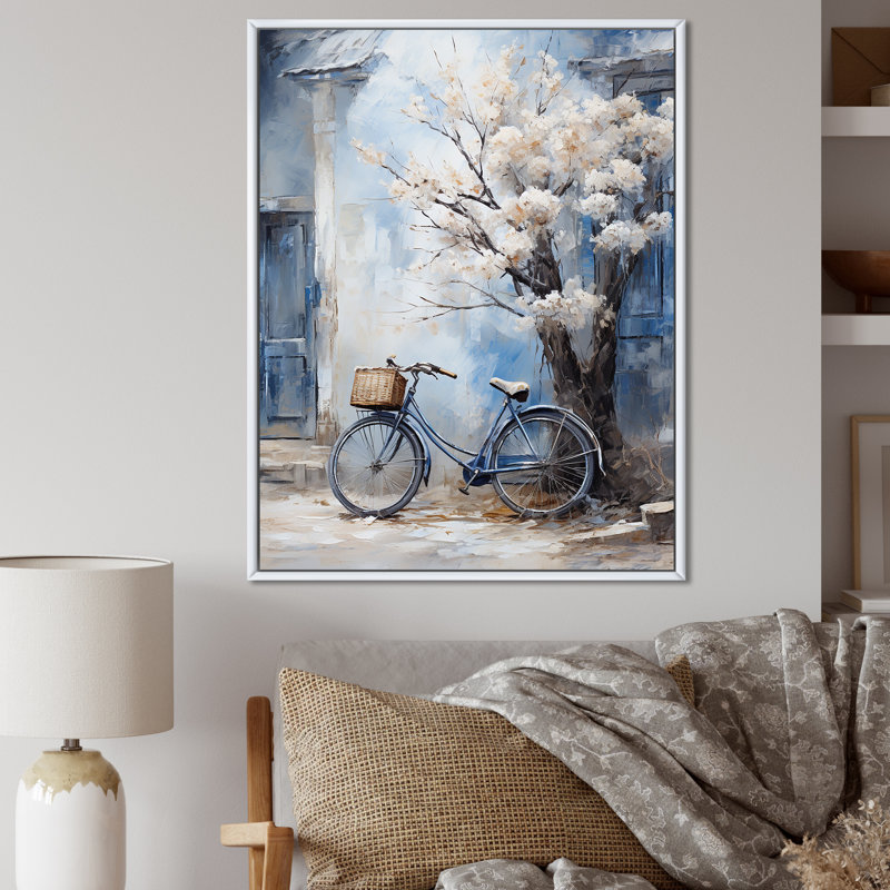 Fleurs blanches et bleues - Art mural, Cadre flottant blanc, H 44 po x l 34 po x P 1,5 po