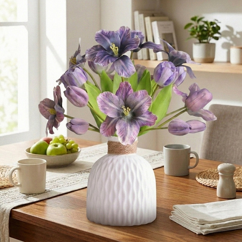 Ensemble de tulipes artificielles Real-Touch dans des vases en céramique, ensemble de faux arrangements floraux, Mauve