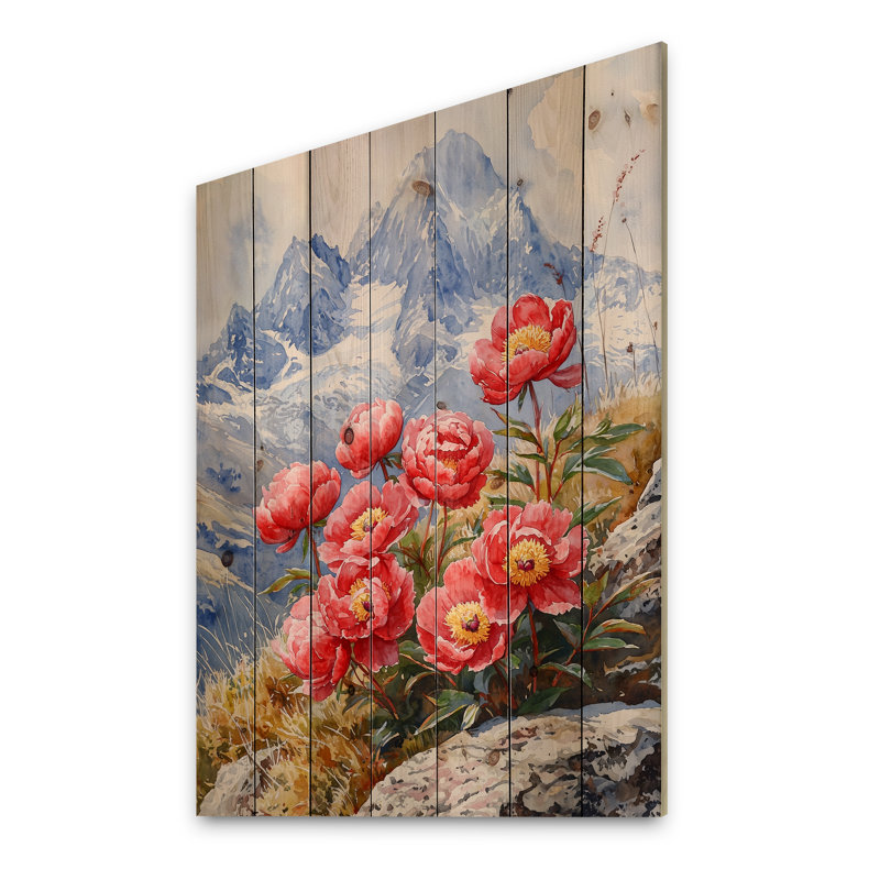 Pivoines et pics d'été Mountain III - Décoration murale en bois de pivoines - sur bois de pin naturel