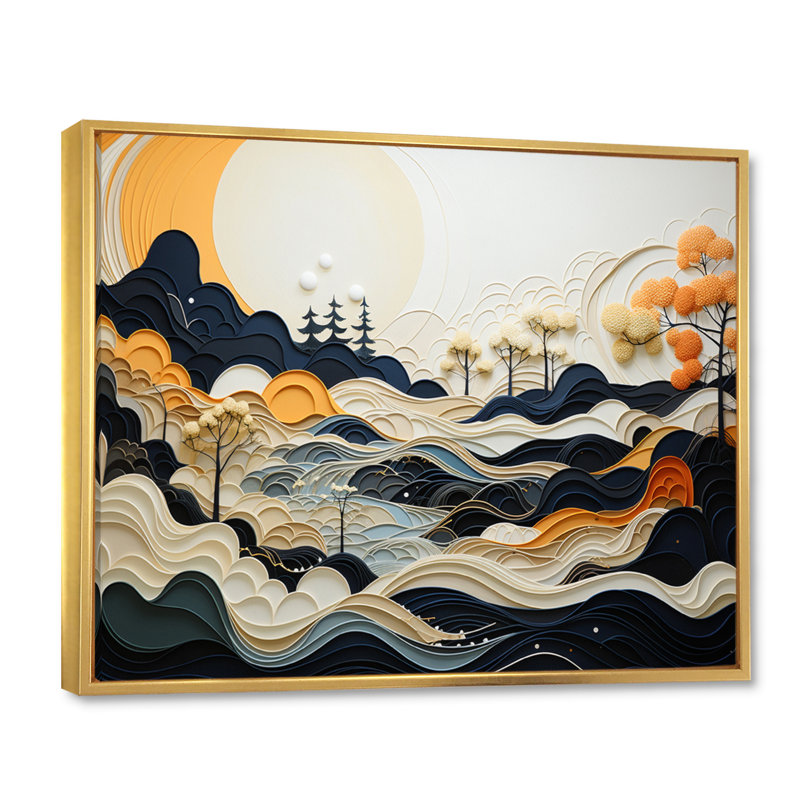 «Mahjabi Gray Orange Line Art Landscape», reproduction d'art sur toile, H 30 po x l 40 po x P 1,5 po, Cadre flottant doré