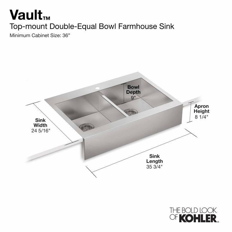 Vault™ 35.75" L x 24.3125" W Double Basins Farmhouse Kitchen Sink, 4 Hole